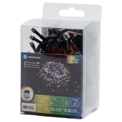 Aigostar - Cadena de luces navideñas LED para exterior 100xLED/8 funciones 3xAA 5,3 m IP44 multicolor