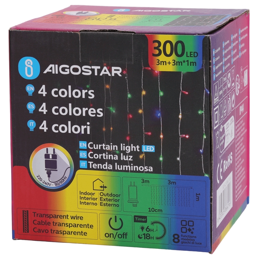 Aigostar - Guirnalda LED RGBY para exterior, 300 LEDs, 8 funciones, 3 x 1 m, IP44 + mando a distancia