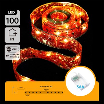Aigostar - Guirnalda de Navidad LED, 100xLED/3xAA, 10 m, blanco cálido, rojo