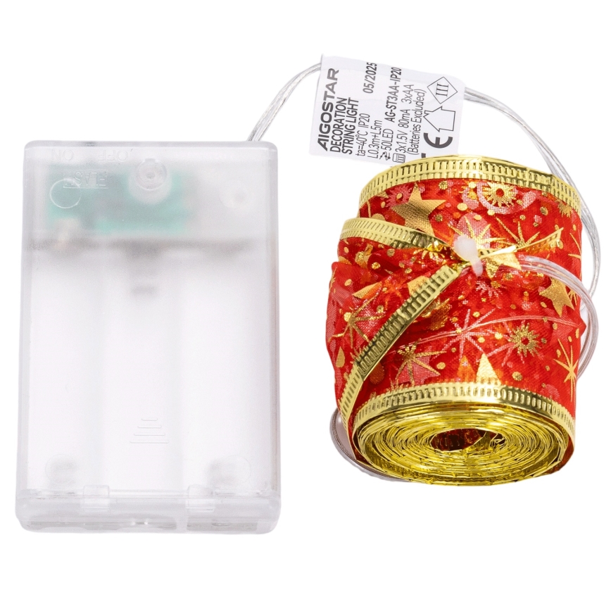 Aigostar - Guirnalda de Navidad LED 50xLED/3xAA, 5 m, blanco cálido, rojo