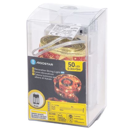 Aigostar - Guirnalda de Navidad LED 50xLED/3xAA, 5 m, blanco cálido, rojo