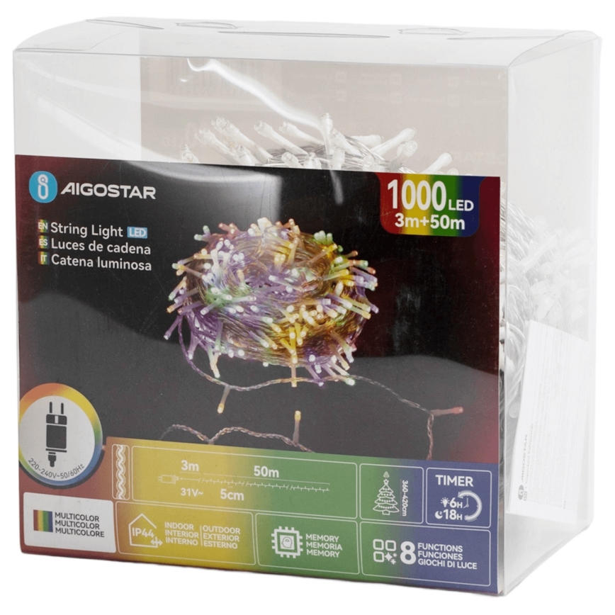 Aigostar - Guirnalda de Navidad LED para exterior 1000xLED/8 funciones 53m IP44 multicolor