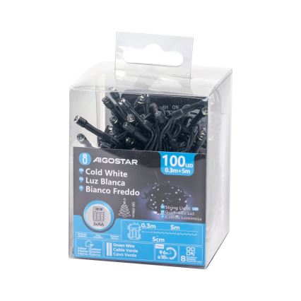 Aigostar - Guirnalda de luces LED para exterior, 100 LEDs, 8 funciones, 3xAA, 5,3 m, IP44, blanco frío