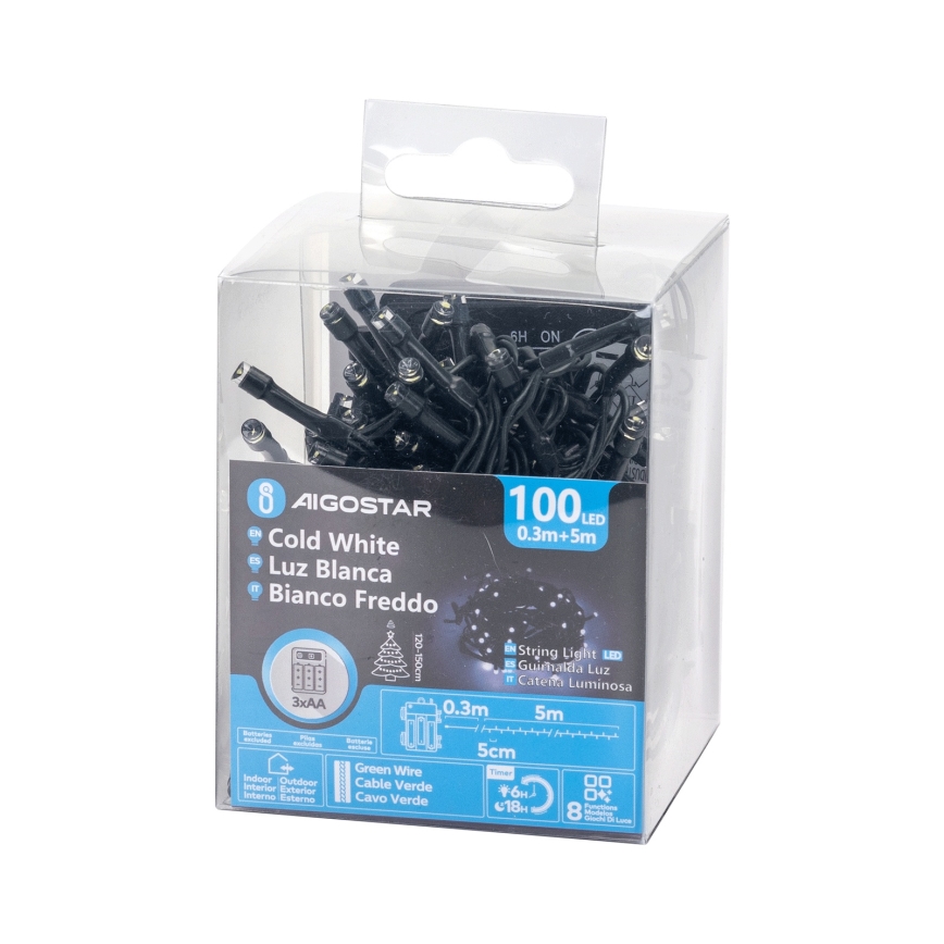 Aigostar - Guirnalda de luces LED para exterior, 100 LEDs, 8 funciones, 3xAA, 5,3 m, IP44, blanco frío