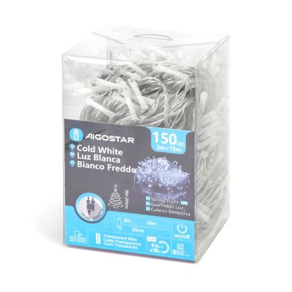 Aigostar - Guirnalda de Navidad LED para exterior, 150 LEDs/8 funciones, 18 m, IP44, blanco frío