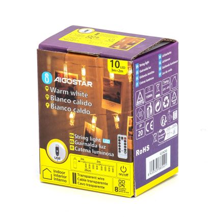 Aigostar - Guirnalda decorativa LED 10xLED/5W/USB 5 m blanco cálido