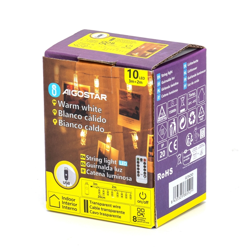 Aigostar - Guirnalda decorativa LED 10xLED/5W/USB 5 m blanco cálido