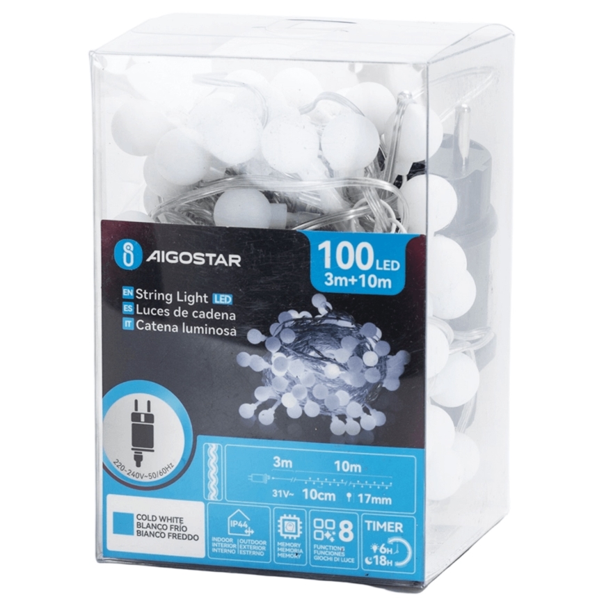 Aigostar - Guirnalda LED decorativa para exteriores 100xLED/8 funciones 10m IP44 blanco frío