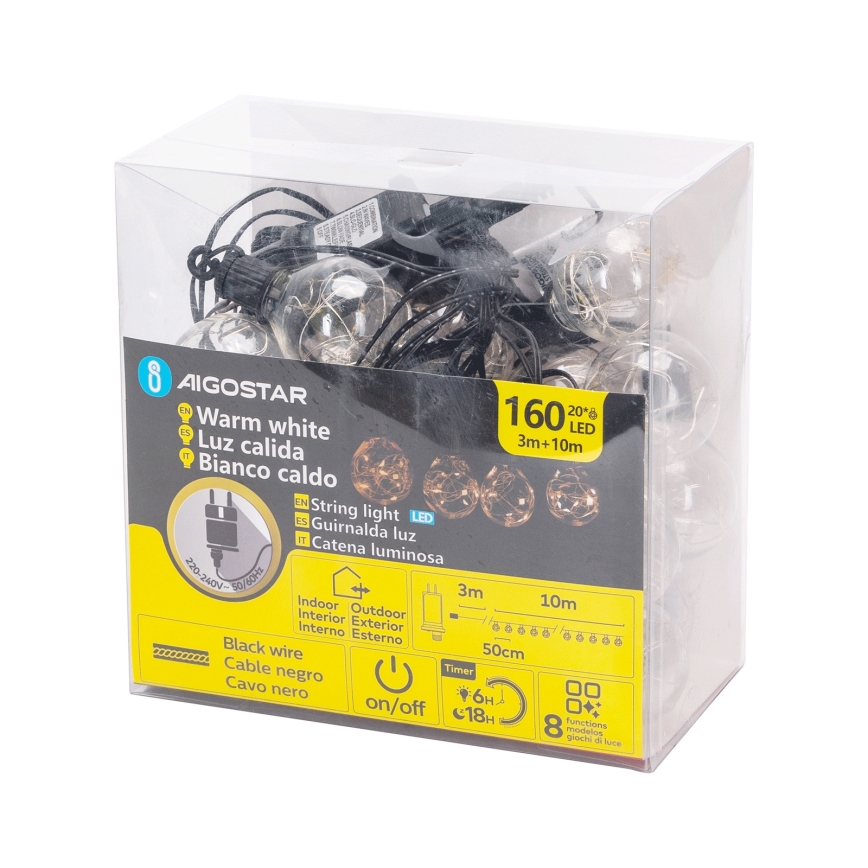 Aigostar - Guirnalda LED decorativa para exterior 160 LEDs 10 m IP44 blanco cálido