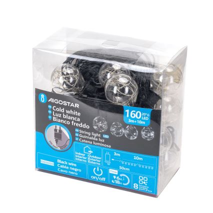 Aigostar - Guirnalda de luces LED para exterior 160 LEDs, 10 m, IP44, blanco frío