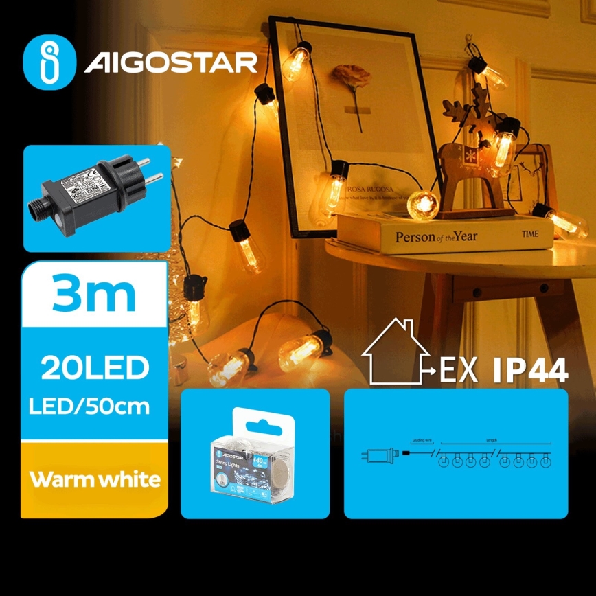 Aigostar - Guirnalda decorativa LED para exteriores 20xLED/3m IP44 blanco cálido
