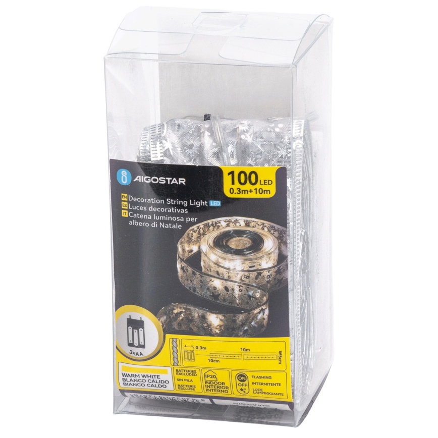 Aigostar - Guirnalda LED 100xLED/3xAA 10 m, blanco cálido, plateada