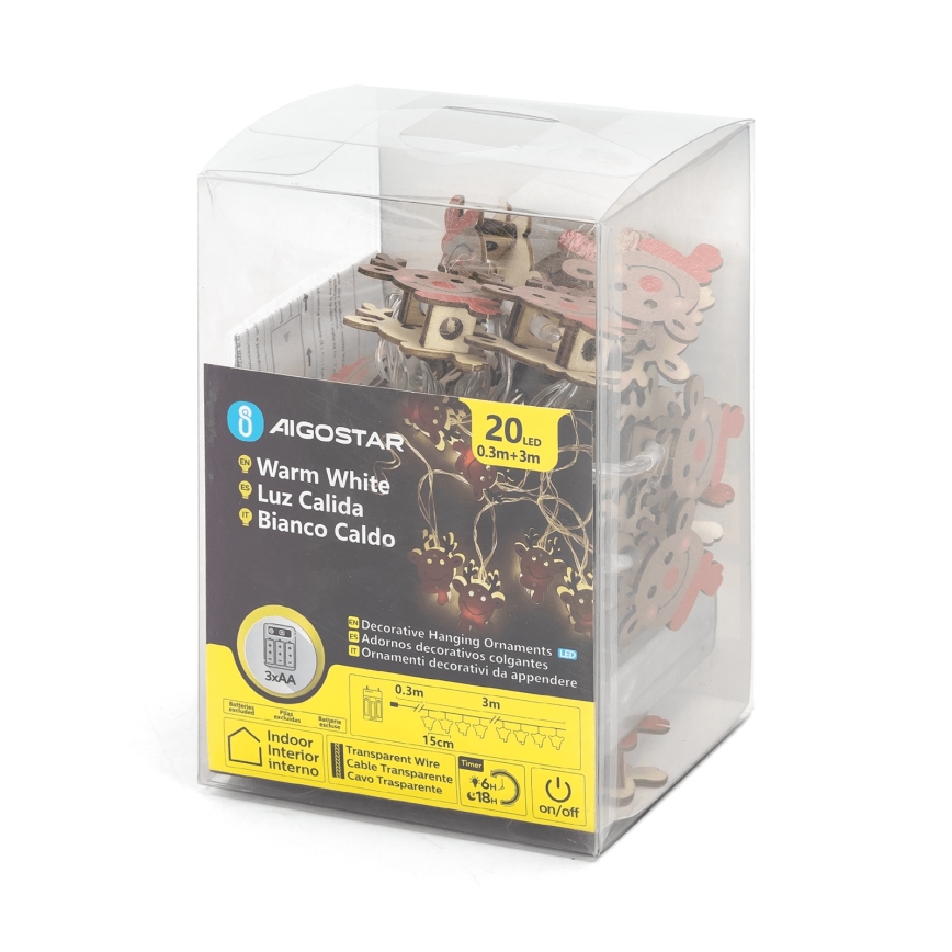 Aigostar - Guirnalda LED 20 LEDs, 3 m, alimentada por 3 pilas AA, luz blanca cálida, motivo reno