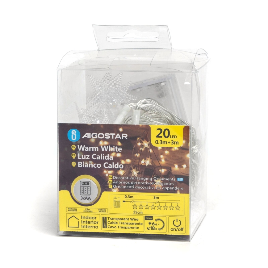 Aigostar - Guirnalda LED 20 LEDs / 3xAA, 3,3 m, forma de estrellas
