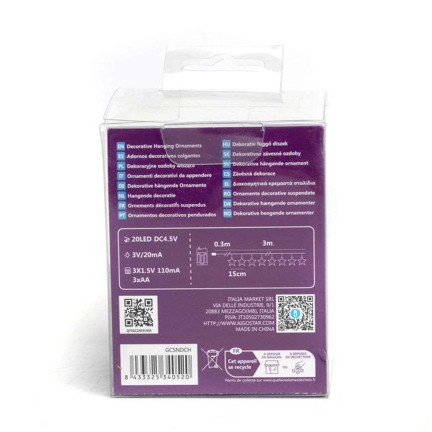 Aigostar - Guirnalda LED 20 LEDs / 3xAA, 3,3 m, forma de estrellas