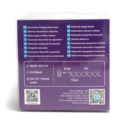 Aigostar - Guirnalda LED 20xLED/3xAA 3,3m con figuras de reno