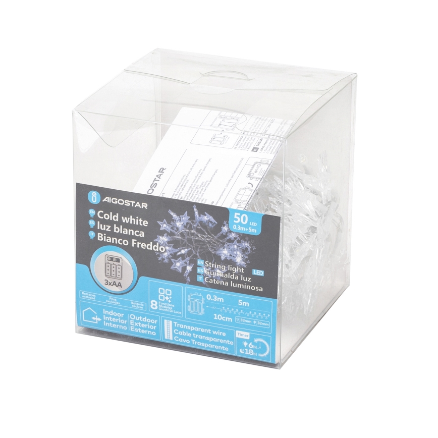 Aigostar - Guirnalda LED de exterior para Navidad 50 LEDs/8 funciones 3x AA 5 m IP44 blanco frío