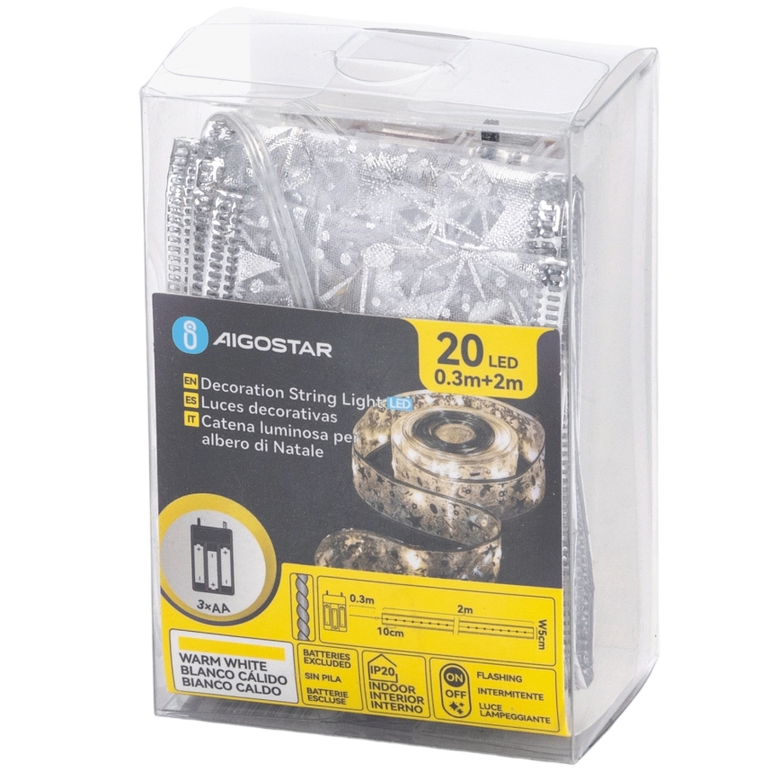 Aigostar - Guirnalda navideña LED 20xLED/3xAA 2 m blanco cálido plateada