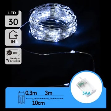 Aigostar - Guirnalda LED de Navidad 30xLED/3xAA 3,3 m blanco frío