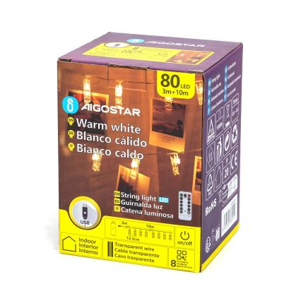 Aigostar - Guirnalda LED decorativa 80 LEDs/5W/USB 13 m blanco cálido