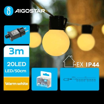 Aigostar - Guirnalda LED decorativa para exterior, 20 LEDs, 3 m, IP44, blanco cálido