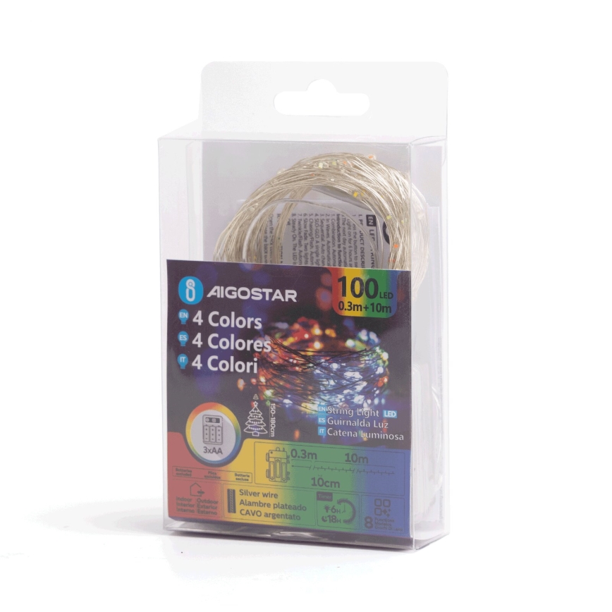 Aigostar - Guirnalda LED exterior navideña 100xLED/8 funciones/3xAA 10,3m IP44 multicolor
