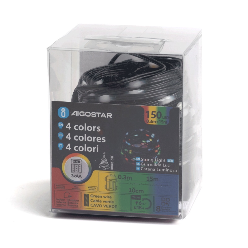 Aigostar - Cadena de luces LED exterior para Navidad 150xLED/8 funciones 3xAA 15,3m IP44 multicolor