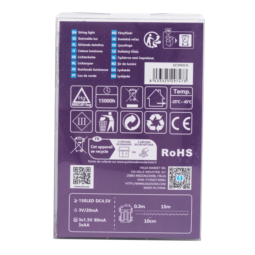 Aigostar - Guirnalda LED exterior 150 LEDs / 8 funciones 3x AA 15,3 m IP44 multicolor