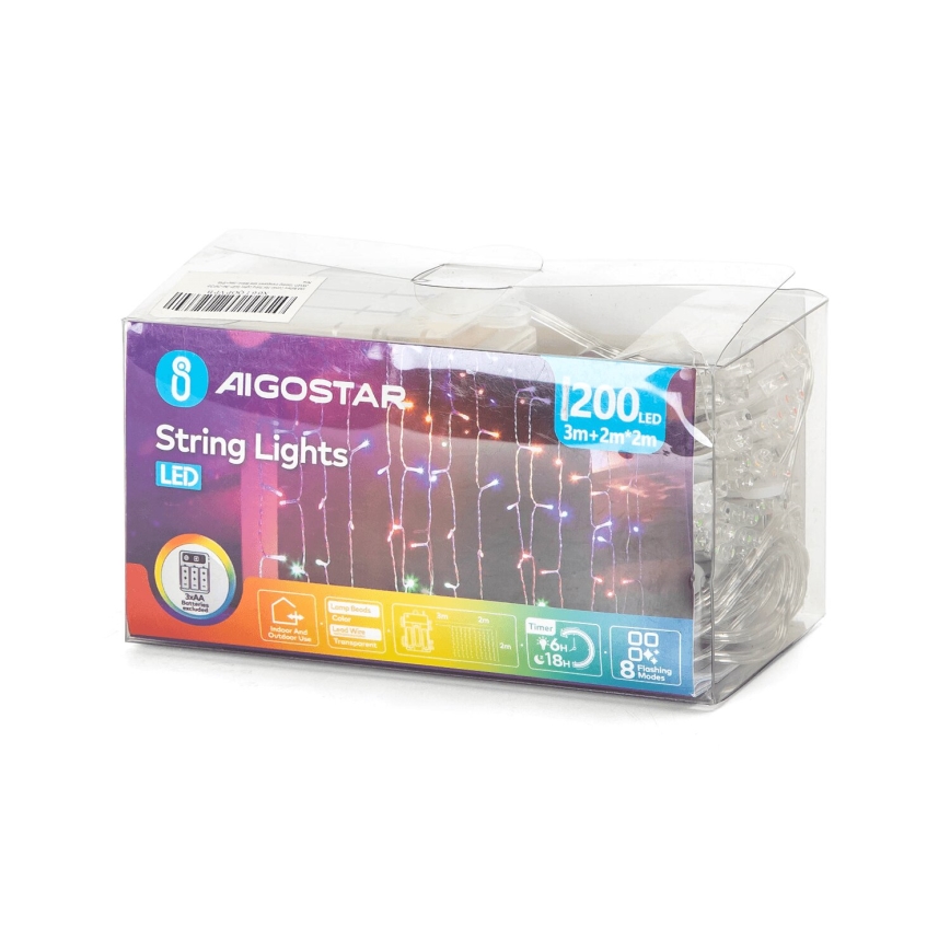 Aigostar - Guirnalda LED exterior navideña 200xLED/8 funciones 3xAA 5x2m IP44 multicolor