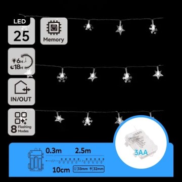 Aigostar - Guirnalda LED exterior 25 LEDs/8 funciones 3xAA 2,5 m IP44 blanco frío