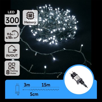 Aigostar - Guirnalda LED exterior 300 LEDs/8 funciones 18m IP44 blanco frío