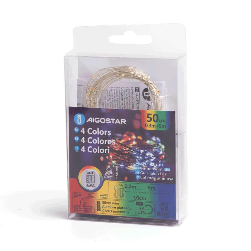 Aigostar - Guirnalda LED exterior navideña 50xLED/8 funciones 3xAA 5,3m IP44 multicolor