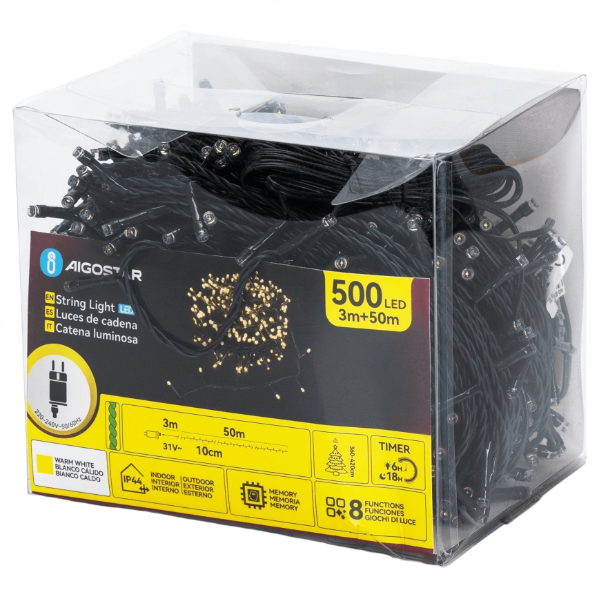 Aigostar - Cadena LED para exterior 500xLED/8 funciones 50m IP44 blanco cálido