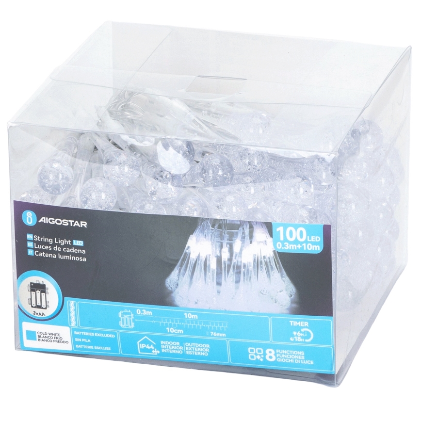 Aigostar - Guirnalda LED de exterior para Navidad 100xLED/8 funciones 3xAA 10m IP44 blanco frío con forma de gota
