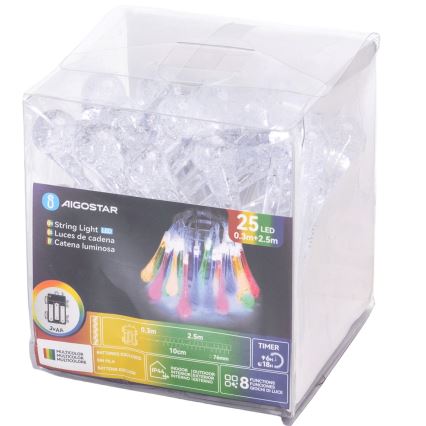 Aigostar - Guirnalda LED para exterior 25 LEDs/8 funciones 3xAA 2,5m IP44 gotas multicolores