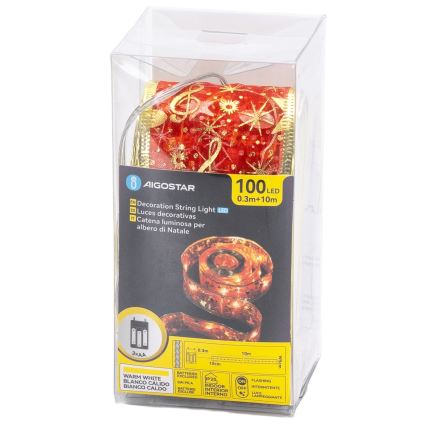 Aigostar - Guirnalda de Navidad LED, 100xLED/3xAA, 10 m, blanco cálido, rojo