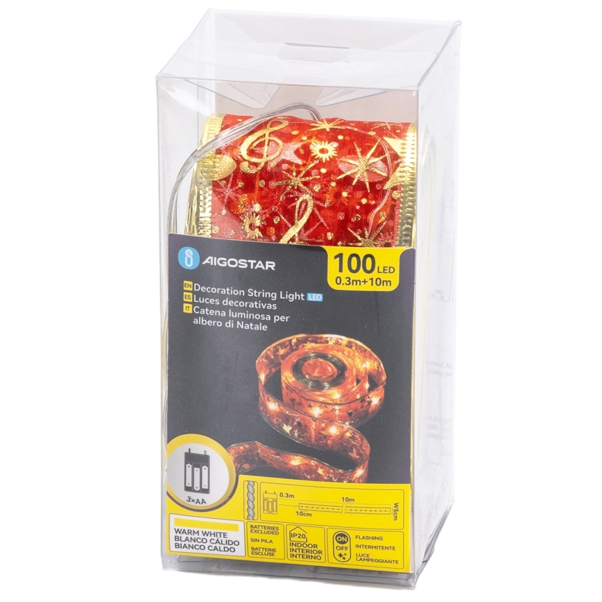Aigostar - Guirnalda de Navidad LED, 100xLED/3xAA, 10 m, blanco cálido, rojo