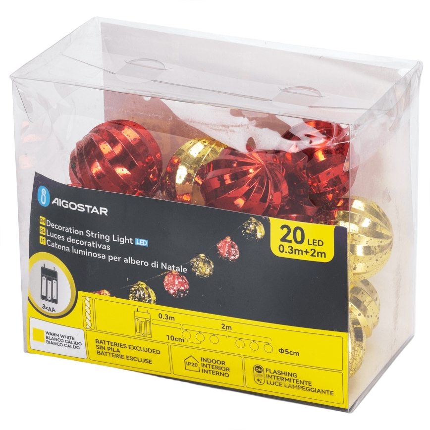 Aigostar - Guirnalda LED de Navidad 20xLED/3xAA 2 m blanco cálido