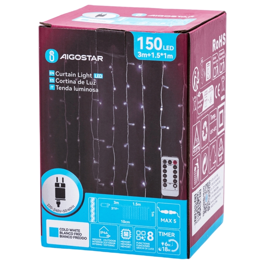 Aigostar - Cadena de luces navideñas LED para exterior 150xLED/6W/230V/8 funciones 1,5x1m IP44 blanco frío + mando a distancia