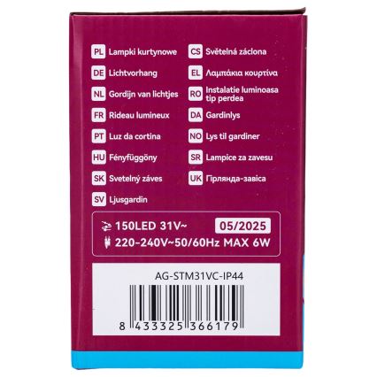 Aigostar - Cadena de luces navideñas LED para exterior 150xLED/6W/230V/8 funciones 1,5x1m IP44 blanco frío + mando a distancia
