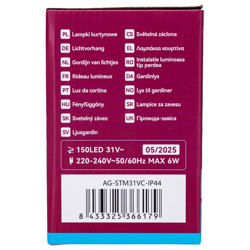 Aigostar - Cadena de luces navideñas LED para exterior 150xLED/6W/230V/8 funciones 1,5x1m IP44 blanco frío + mando a distancia