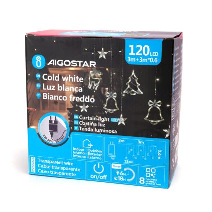 Aigostar - Guirnalda navideña LED para exterior 120 LED/8 funciones 3x0,6m IP44 blanco frío + mando a distancia