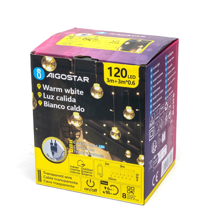Aigostar - Guirnalda LED para exterior 120xLED/8 funciones 3x0,6m IP44 blanco cálido + mando a distancia