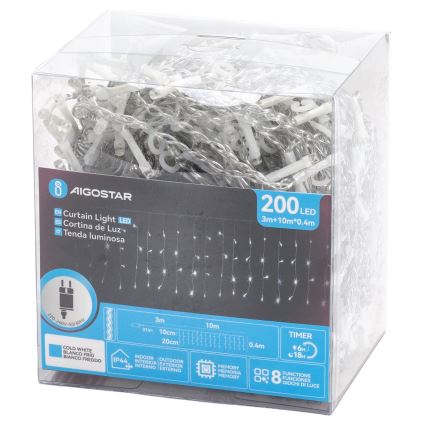Aigostar - Guirnalda LED exterior 200xLED/3,6W/230V/8 funciones 10x0,4m IP44 blanco frío