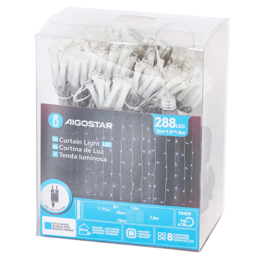 Aigostar - Cadena de luces navideñas LED para exterior, 288 LEDs / 8 funciones, 1,5 x 1,8 m, IP44, blanco frío