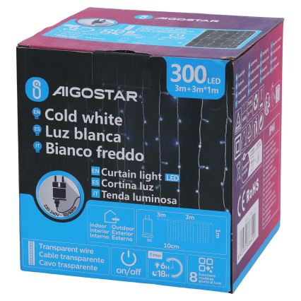 Aigostar - Guirnalda navideña LED para exterior 300xLED/8 funciones 3x1m IP44 blanco frío + mando a distancia