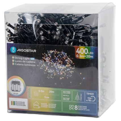 Aigostar - Guirnalda navideña LED para exteriores 400 LEDs / 8 funciones / 4 pilas AA / 20,3 m / IP44 / multicolor