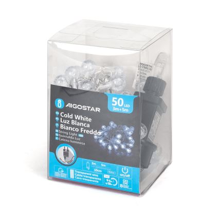 Aigostar - Guirnalda LED navideña para exterior, 50 LEDs, 8 modos, 8 m, IP44, blanco frío
