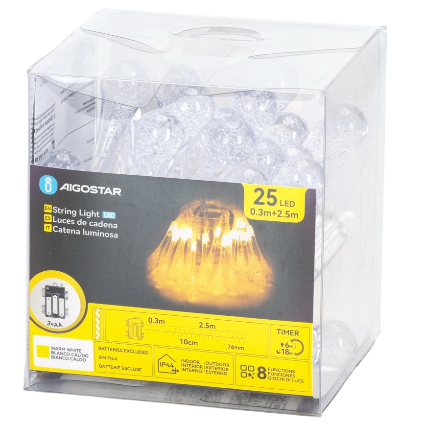 Aigostar - Guirnalda navideña LED para exterior, 25 LED / 8 funciones, 3xAA, 2,5 m, IP44, blanco cálido, con forma de gotas