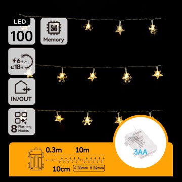 Aigostar - Guirnalda LED para exterior, 100 LED / 8 funciones, 3xAA, 10 m, IP44, blanco cálido, con motivos de estrellas